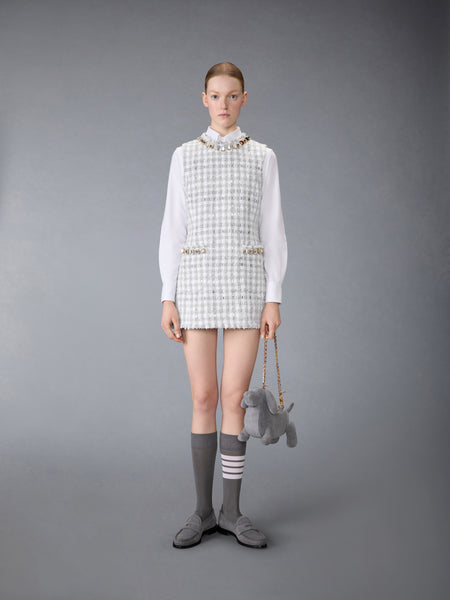 GINGHAM SATIN RIBBON TWEED MINI PENCIL DRESS WITH SWAROVSKI CRYSTAL