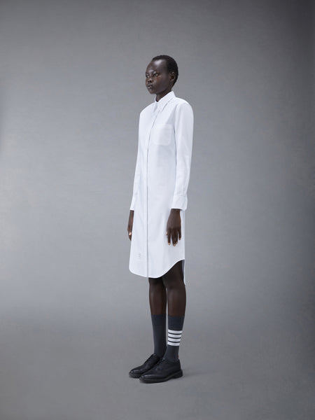 White Classic Oxford Long-sleeve Button Down Knee Length Shirtdress WHITE
