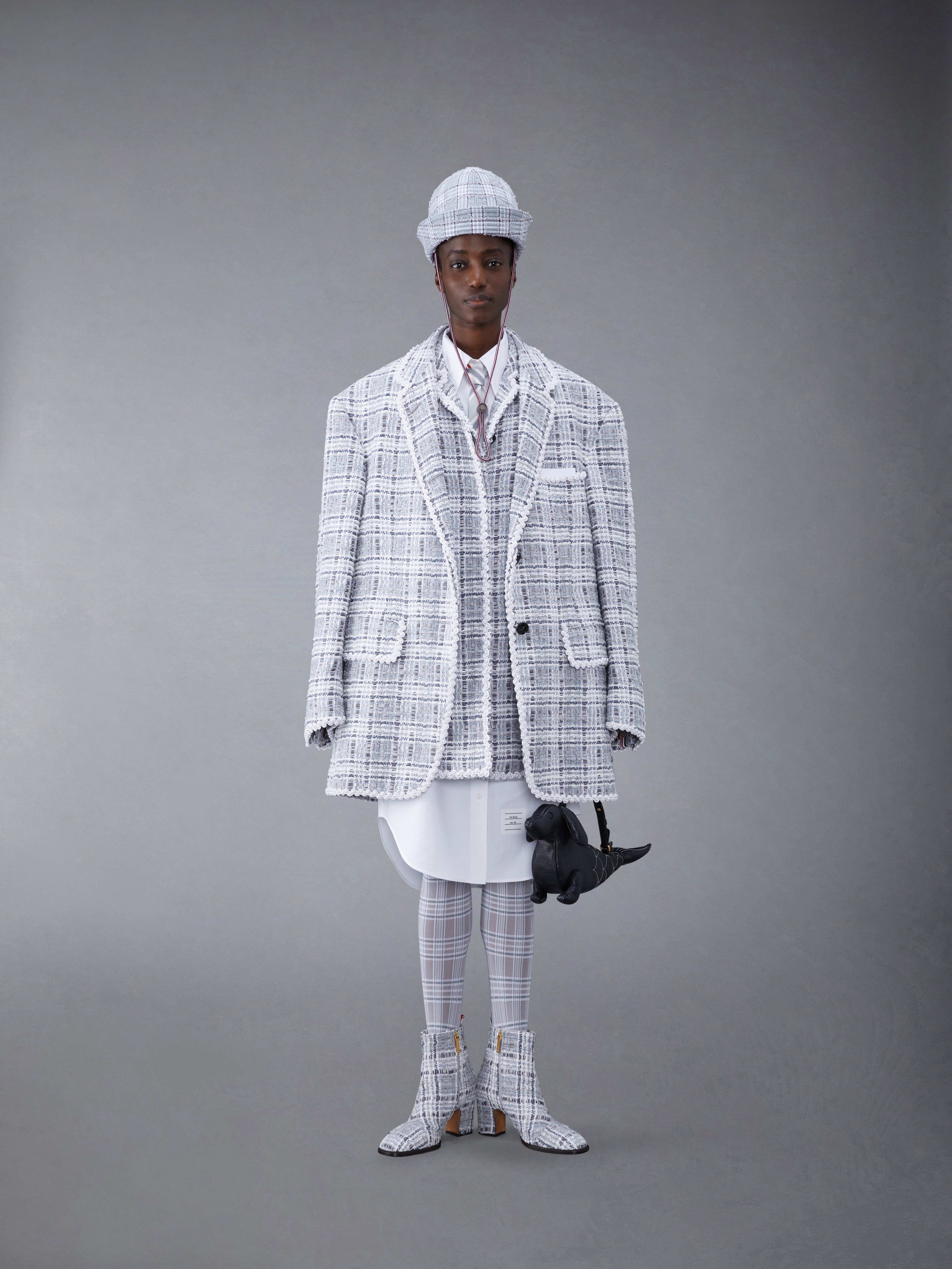 Chenille Tweed Crochet Pearl Bal Collar Dress | Thom Browne