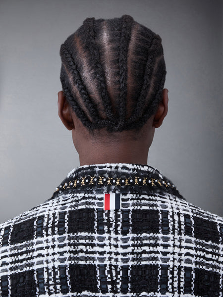 Prince of Wales Chenille Tweed Tuft and Pearl Chesterfield Dress BLACK