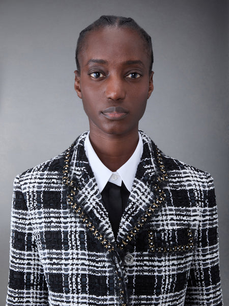 Prince of Wales Chenille Tweed Tuft and Pearl Chesterfield Dress BLACK