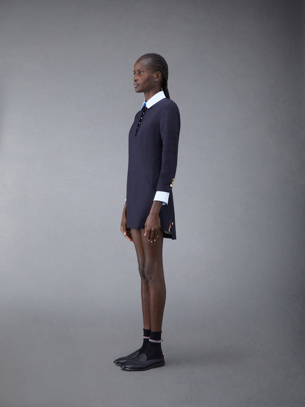 thom browne muscle dress put some muscle into it look 43, a tailored asymmetrical stand collar dress with anatomical detailing created with hand appliqued pleated padding and hand stitched micro bugle bead with thin