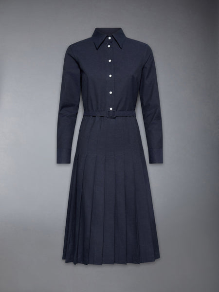 STRIPE COTTON FLANNEL MIDI PLEATED BOTTOM BELTED DRESS NAVY