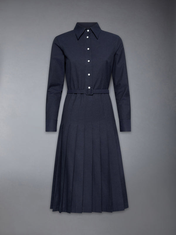 STRIPE COTTON FLANNEL MIDI PLEATED BOTTOM BELTED DRESS - featured image