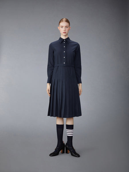 STRIPE COTTON FLANNEL MIDI PLEATED BOTTOM BELTED DRESS NAVY