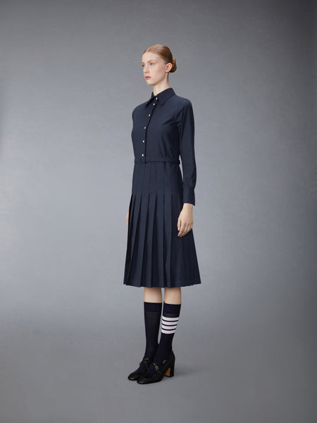 STRIPE COTTON FLANNEL MIDI PLEATED BOTTOM BELTED DRESS NAVY