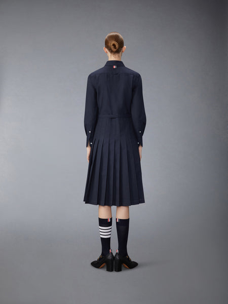 STRIPE COTTON FLANNEL MIDI PLEATED BOTTOM BELTED DRESS NAVY