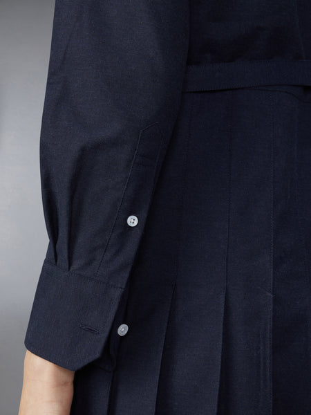 STRIPE COTTON FLANNEL MIDI PLEATED BOTTOM BELTED DRESS NAVY