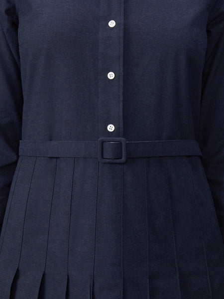 STRIPE COTTON FLANNEL MIDI PLEATED BOTTOM BELTED DRESS NAVY