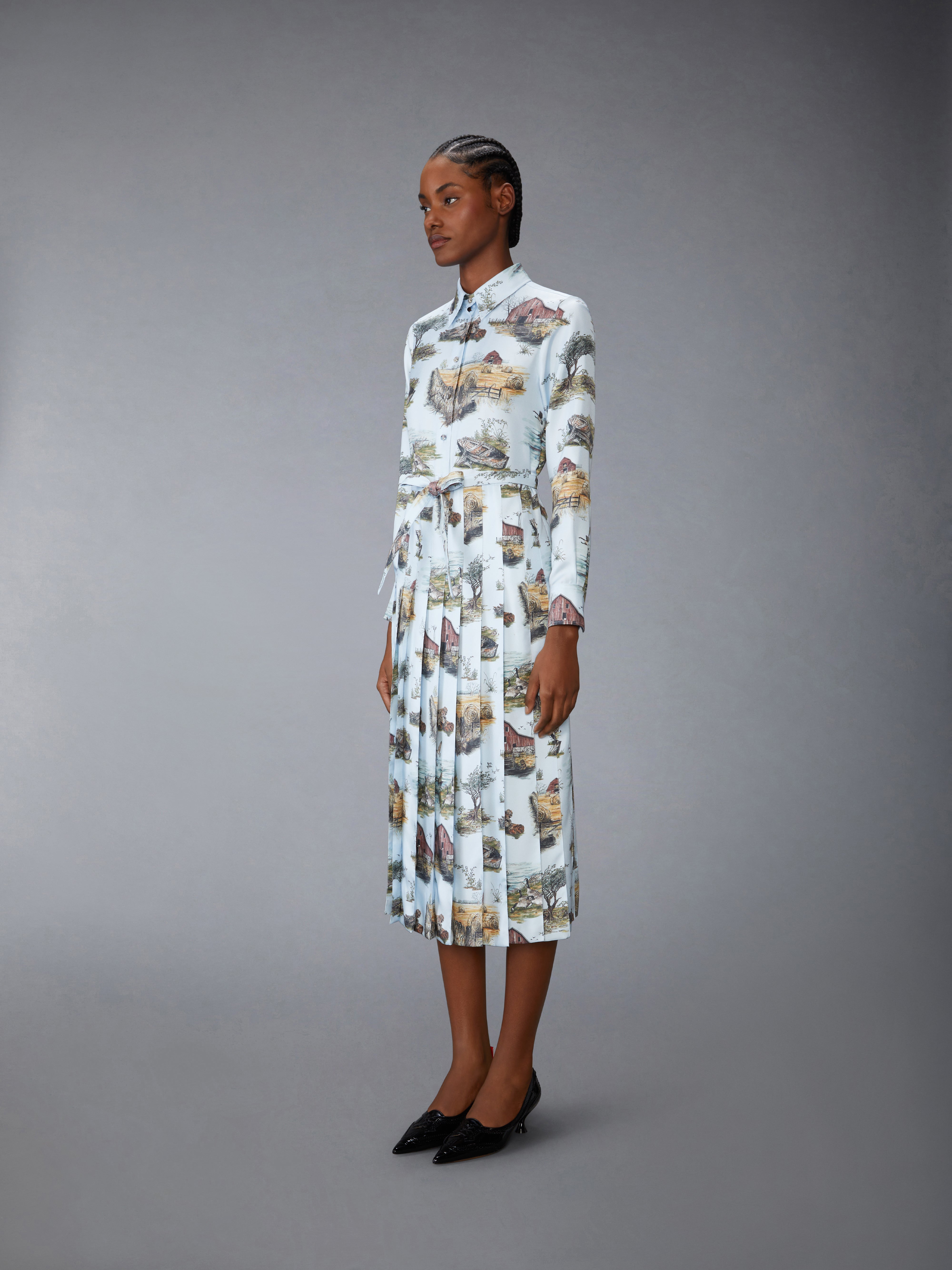 Scenic Toile Silk Twill Pleated Shirtdress | Thom Browne