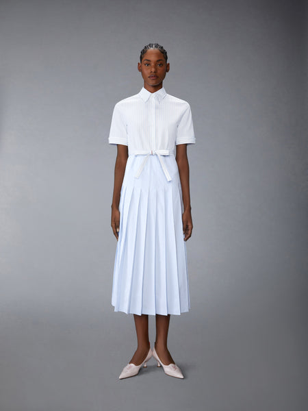 PINSTRIPE POPLIN BELTED PLEATED SHIRTDRESS