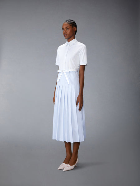 PINSTRIPE POPLIN BELTED PLEATED SHIRTDRESS