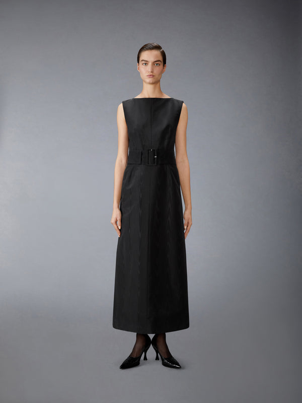 thom browne anatomy dress put some muscle into it look 43, a tailored asymmetrical stand collar dress with anatomical detailing created with hand appliqued pleated padding and hand stitched micro bugle bead with thin