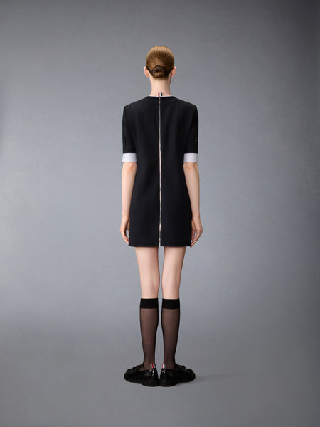 WOOL SEERSUCKER TROMPE L’ŒIL SACK MINI DRESS BLACK