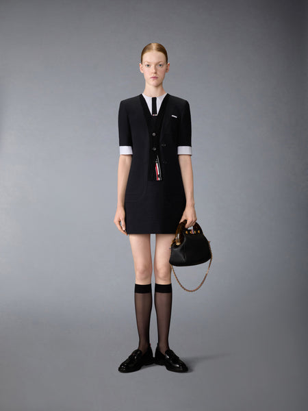 WOOL SEERSUCKER TROMPE L’ŒIL SACK MINI DRESS BLACK