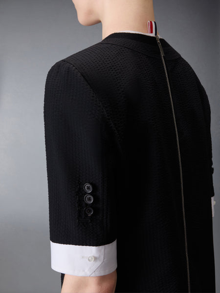 WOOL SEERSUCKER TROMPE L’ŒIL SACK MINI DRESS BLACK