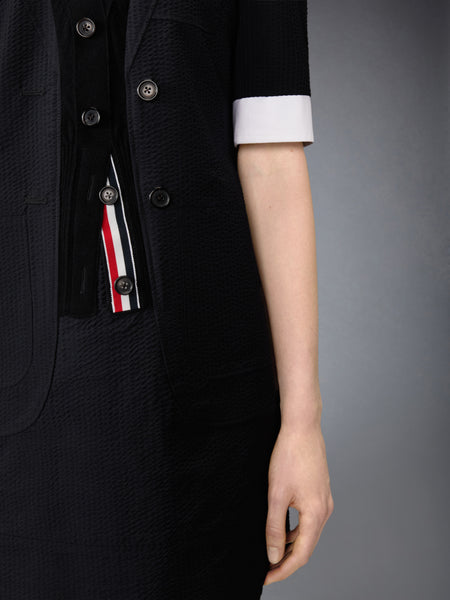 WOOL SEERSUCKER TROMPE L’ŒIL SACK MINI DRESS BLACK