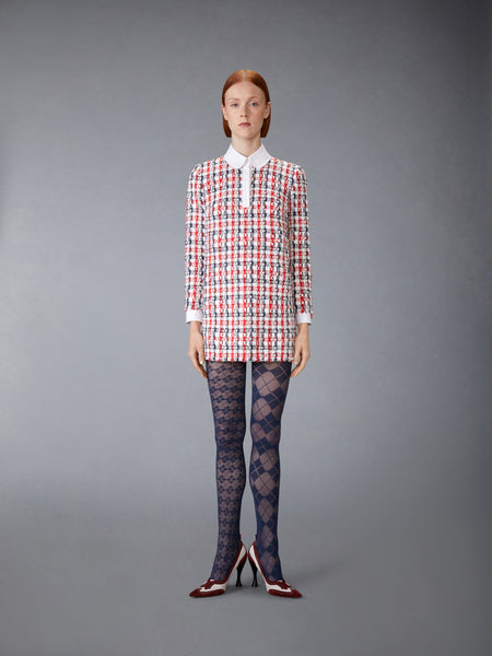 GINGHAM SATIN RIBBON TWEED SHIFT DRESS