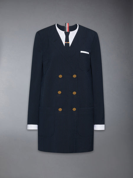 WOOL SEERSUCKER TROMPE L’ŒIL SHIFT MINI DRESS NAVY