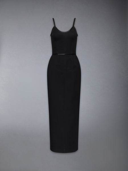 WHIPCORD SATIN TIPPED CORSET DRESS BLACK