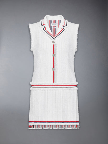 SOLID TWEED PLEATED SPORTCOAT DRESS WHITE