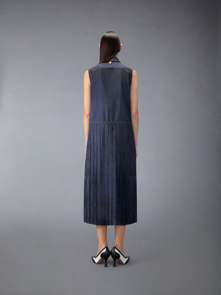 SILK SEERSUCKER PLEATED SHIRTDRESS DARK BLUE