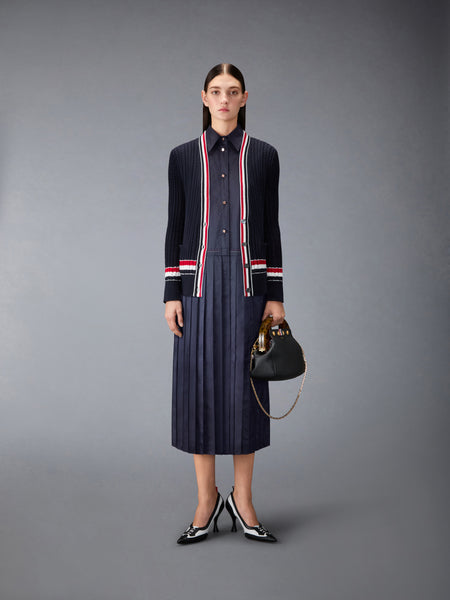 SILK SEERSUCKER PLEATED SHIRTDRESS DARK BLUE