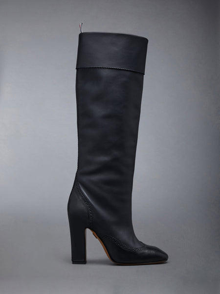 Calf Leather 105mm Block Heel Brogued Knee High Boot BLACK