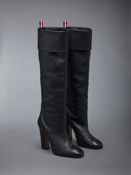 Calf Leather 105mm Block Heel Brogued Knee High Boot BLACK