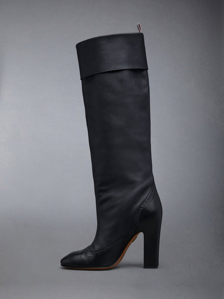 Calf Leather 105mm Block Heel Brogued Knee High Boot BLACK