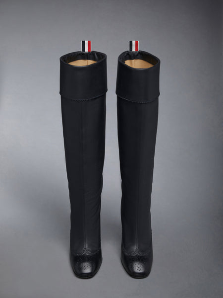 Calf Leather 105mm Block Heel Brogued Knee High Boot BLACK