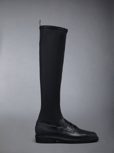ストレッチ ヴィテッロ カーフ マイクロソール ニーハイ ペニーローファーブーツ 黒