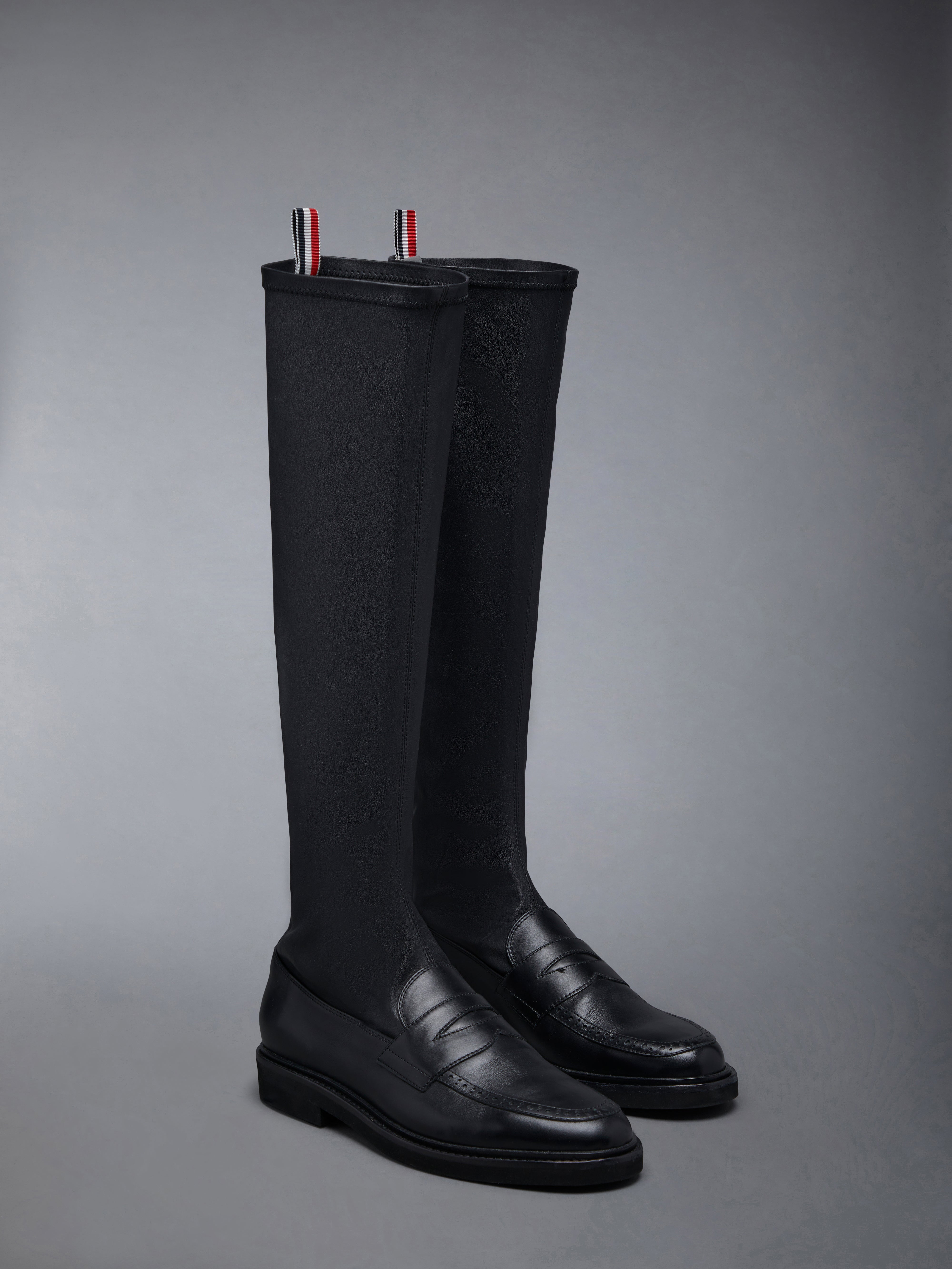 Stretch Vitello Calf Micro Sole Knee High Penny Loafer Boot