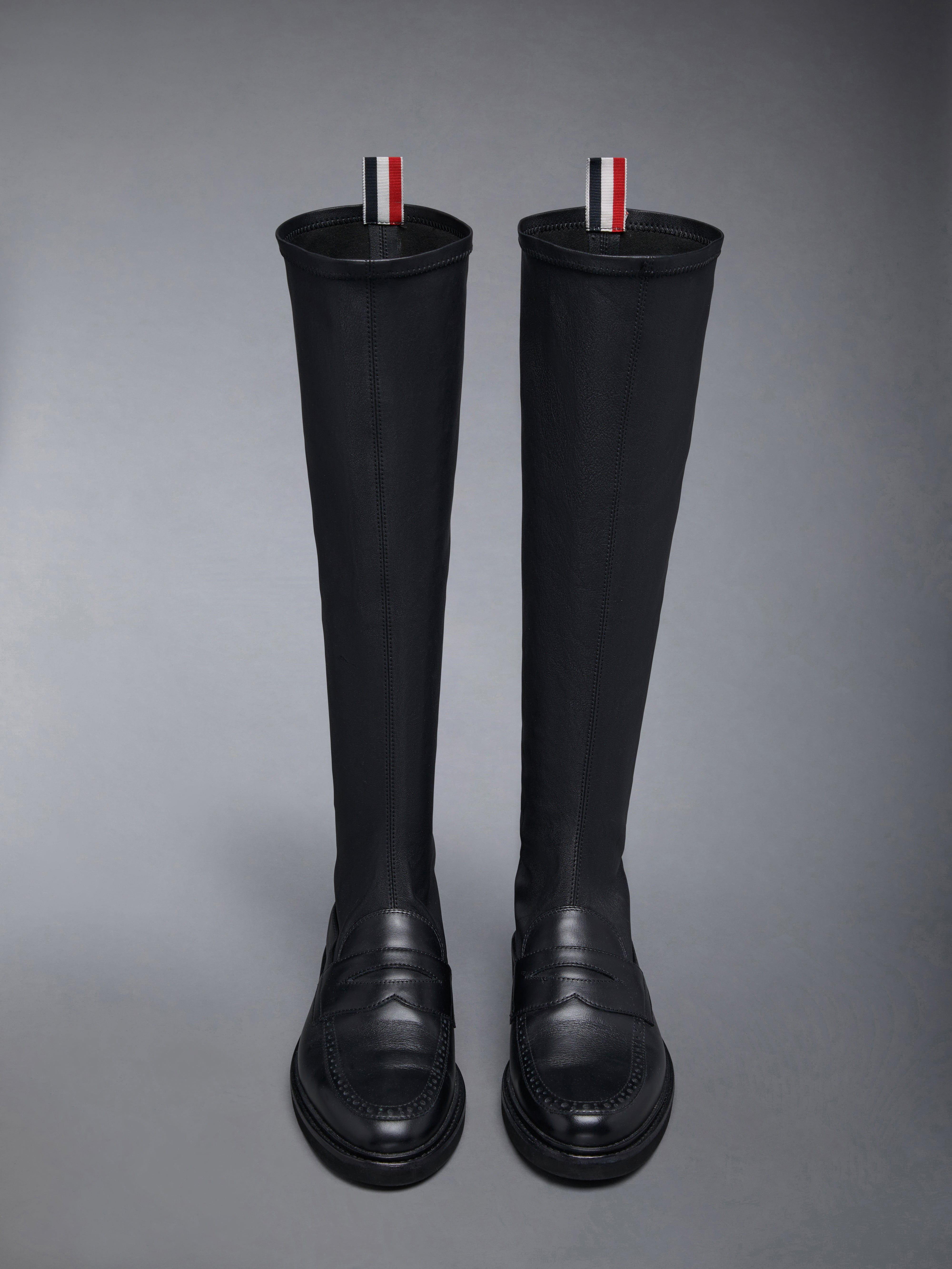Stretch Vitello Calf Micro Sole Knee High Penny Loafer Boot