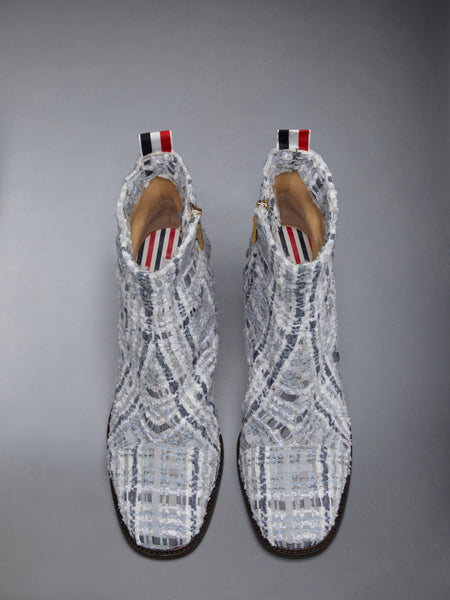 プリンス オブ ウェールズ チェック シェニール ツイード 75mm ブロックヒール アンクルブーツ ミディアム グレー