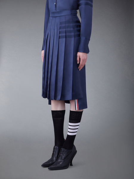SILK TWILL 4-BAR MIDI PLEATED SKIRT NAVY