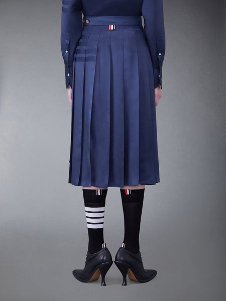 SILK TWILL 4-BAR MIDI PLEATED SKIRT NAVY