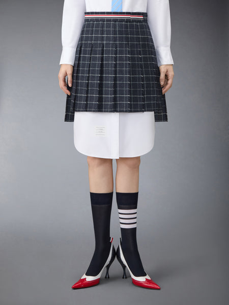 WINDOWPANE HOUNDSTOOTH TEVIOT TWEED PLEATED MINI SKIRT NAVY