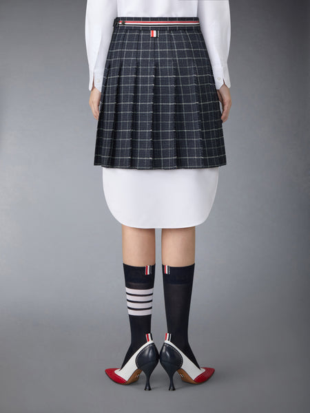 WINDOWPANE HOUNDSTOOTH TEVIOT TWEED PLEATED MINI SKIRT NAVY