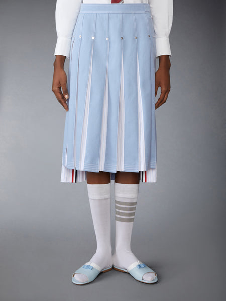 DENIM COMBO DROPPED BACK PLEATED SKIRT