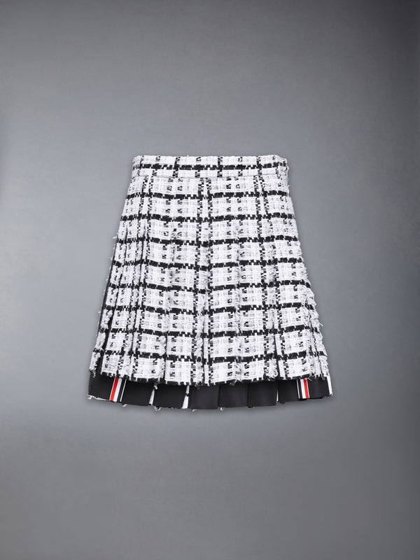 WINDOWPANE CHECK CHIFFON TWEED FRAY MINI PLEATED SKIRT