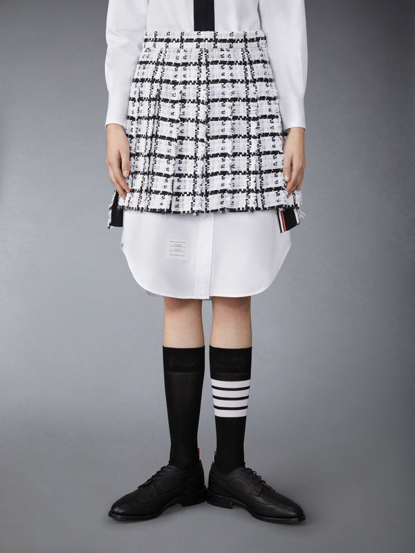 WINDOWPANE CHECK CHIFFON TWEED FRAY MINI PLEATED SKIRT