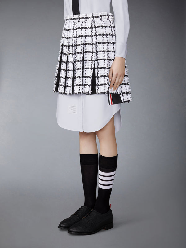 WINDOWPANE CHECK CHIFFON TWEED FRAY MINI PLEATED SKIRT