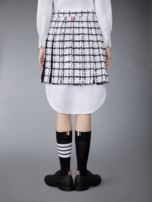 WINDOWPANE CHECK CHIFFON TWEED FRAY MINI PLEATED SKIRT