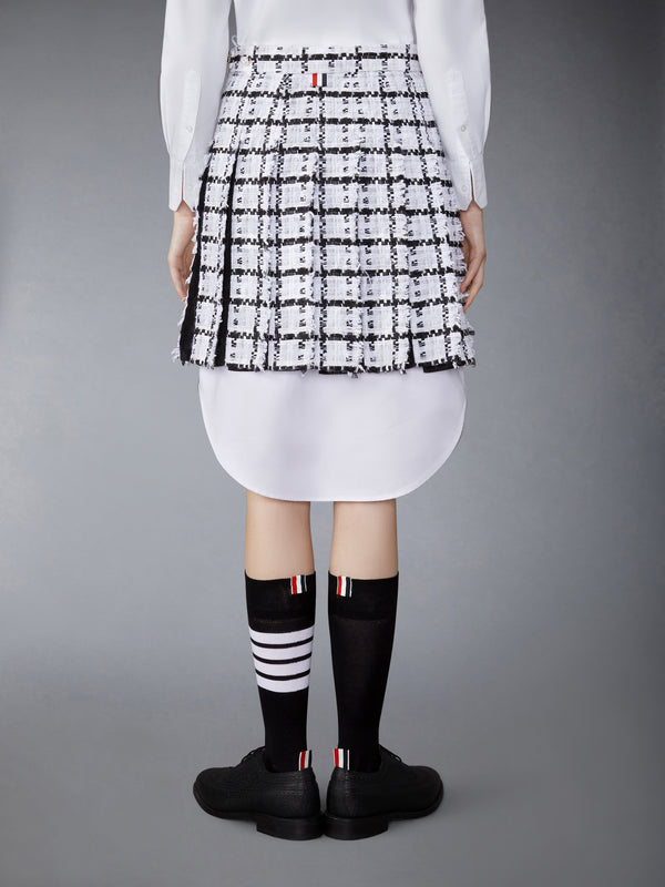 WINDOWPANE CHECK CHIFFON TWEED FRAY MINI PLEATED SKIRT