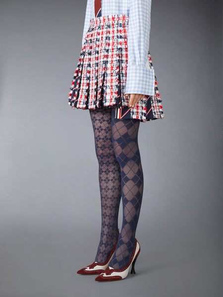 GINGHAM SATIN RIBBON TWEED PLEATED MINI SKIRT