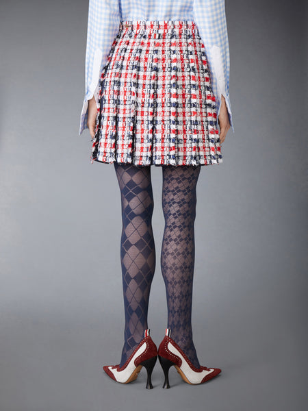 GINGHAM SATIN RIBBON TWEED PLEATED MINI SKIRT