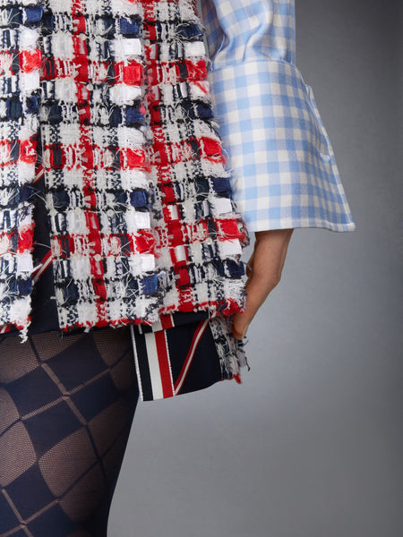 GINGHAM SATIN RIBBON TWEED PLEATED MINI SKIRT