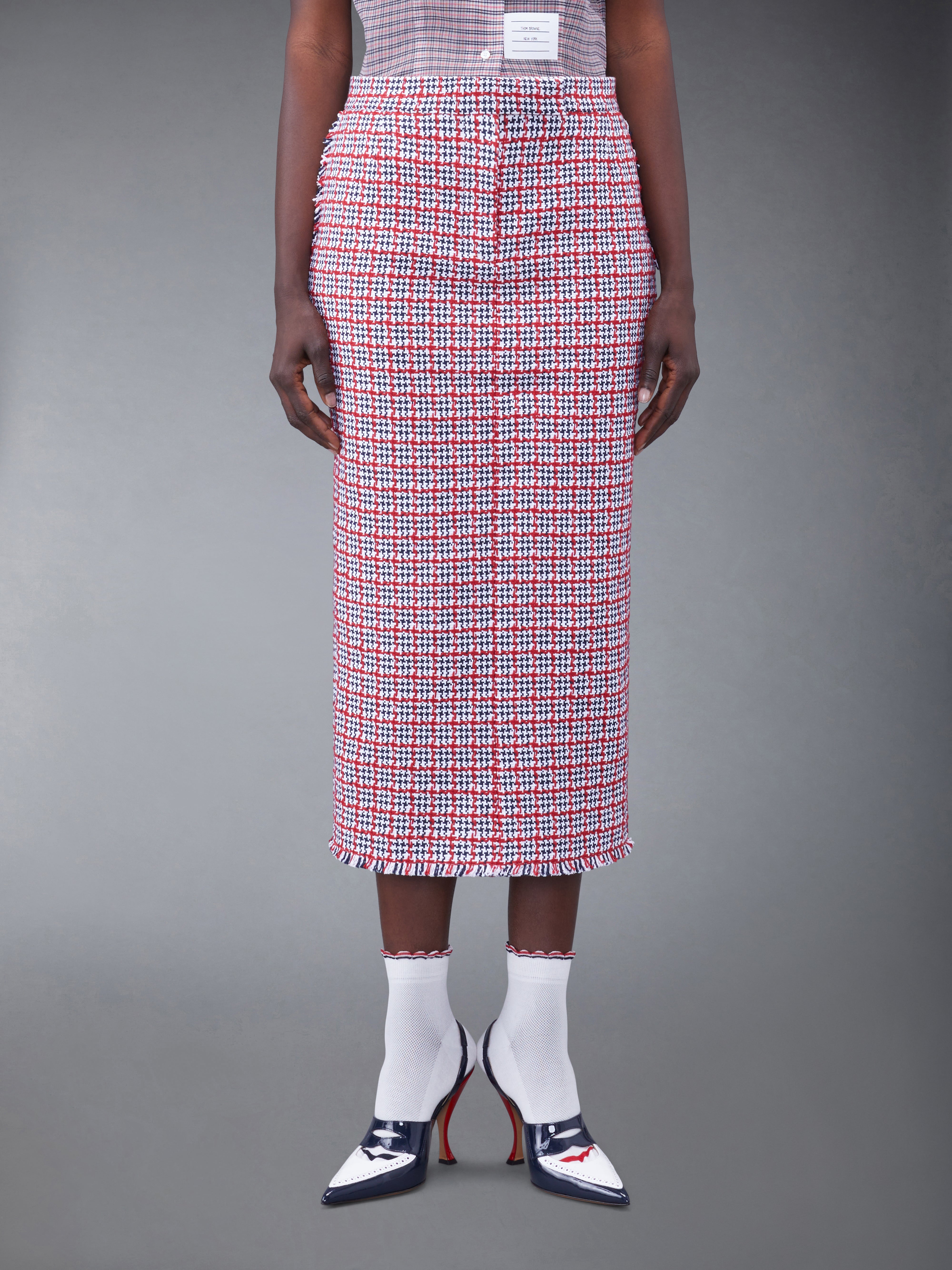 Check Summer Tweed Fray Maxi Low Rise Pencil Skirt & Thom Browne