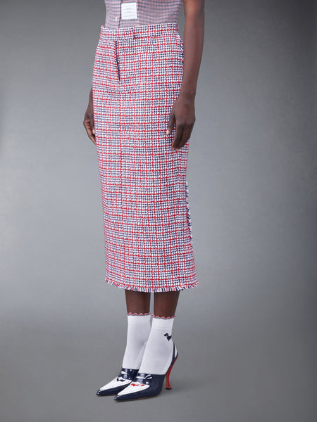CHECK SUMMER TWEED FRAY MAXI LOW RISE PENCIL SKIRT RWBWHT